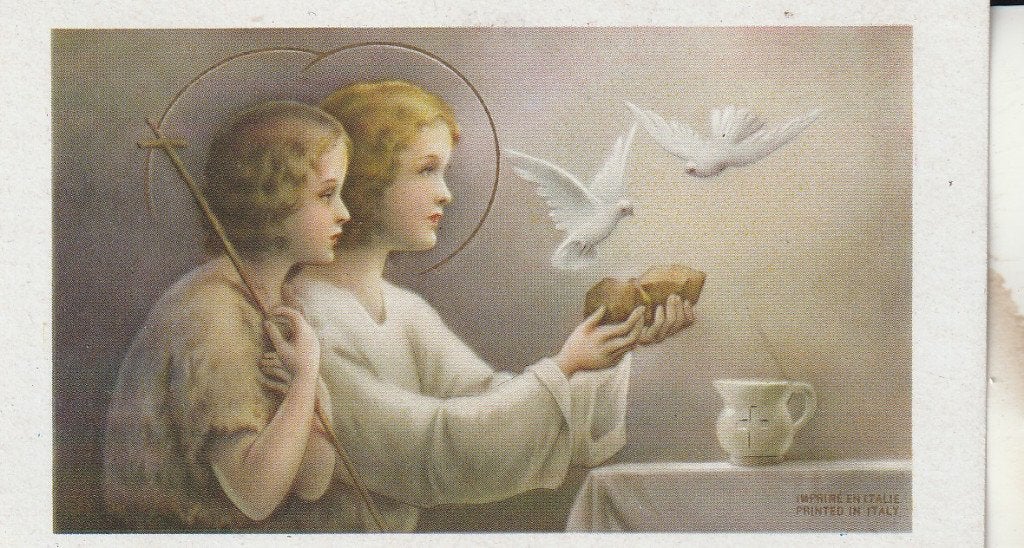 Vintage religieuze prent: Engelen met duiven en brood, Ophalen of Verzenden, Gebruikt, Kaart of Prent, Christendom | Katholiek
