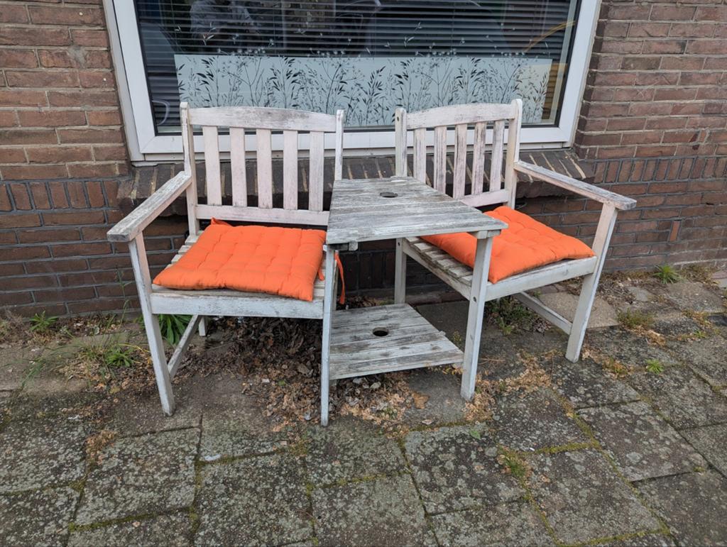 Houten tuinbankje met kussens - opknapper, Tuin en Terras, Tuinbanken, Ophalen, Hout