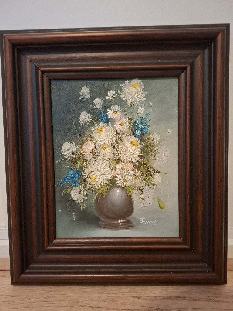 Bloemenstilleven (Olieverf op doek) – gesigneerd 'Frederick', Doek, Gesigneerd, Olieverf, Klassiek