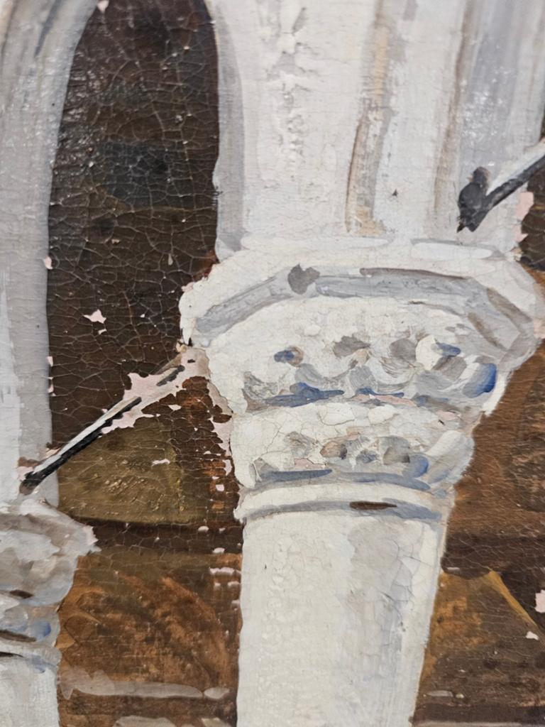 Oud schilderij: Interieur van een kerk met figuren, Antiek en Kunst, Kunst | Schilderijen | Klassiek, Ophalen of Verzenden