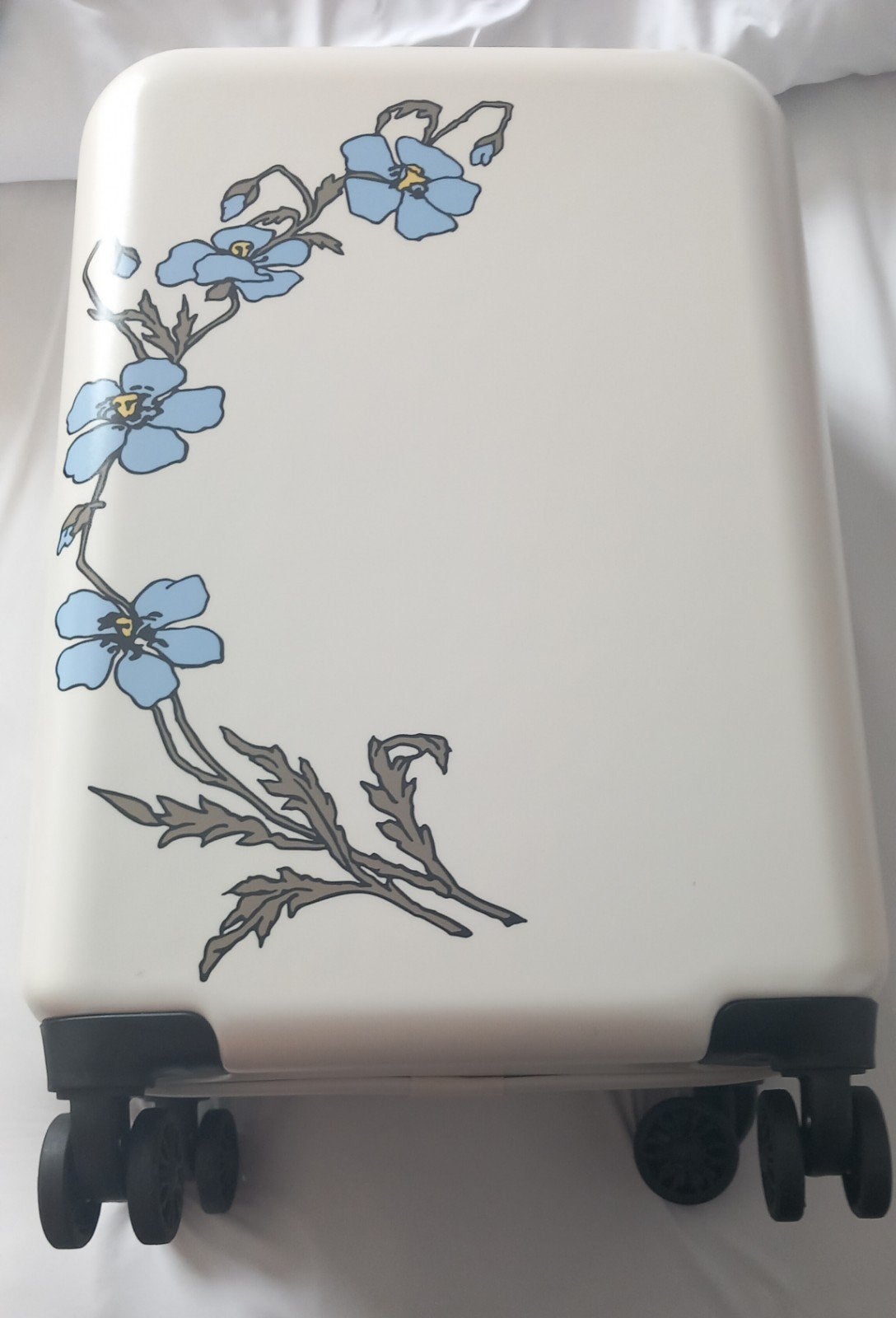 Witte koffer met bloemendesign en wieltjes, Wieltjes, 50 tot 60 cm, Hard kunststof, Ophalen of Verzenden