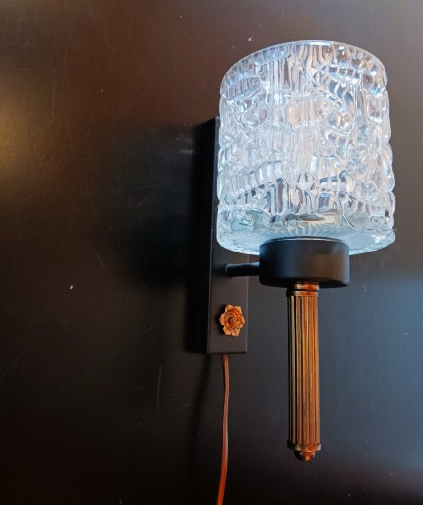 Vintage Wandlamp / Applique Ijsglas & Messing / Jaren 60/70, Ophalen of Verzenden, Gebruikt, Glas, Mid-Century Modern / Ijsglas / Jaren 50-70 / Mid Century