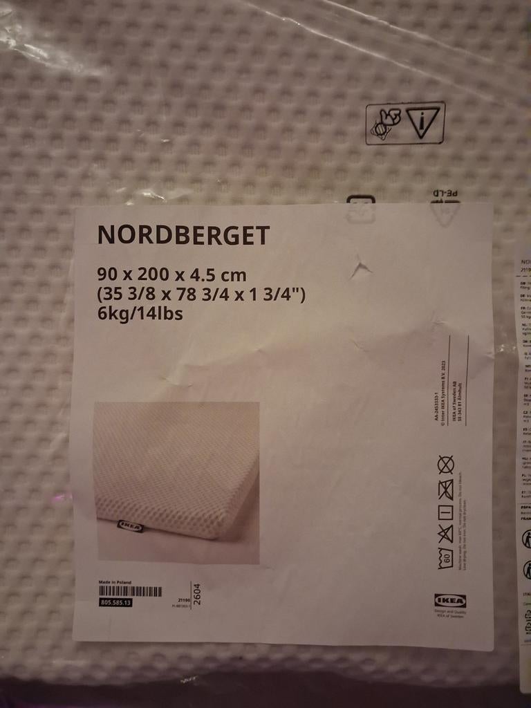 Ikea NORDBERGET topmatras 90x200 cm - Zo goed als nieuw, Ophalen, 90 cm, Eenpersoons, Zo goed als nieuw