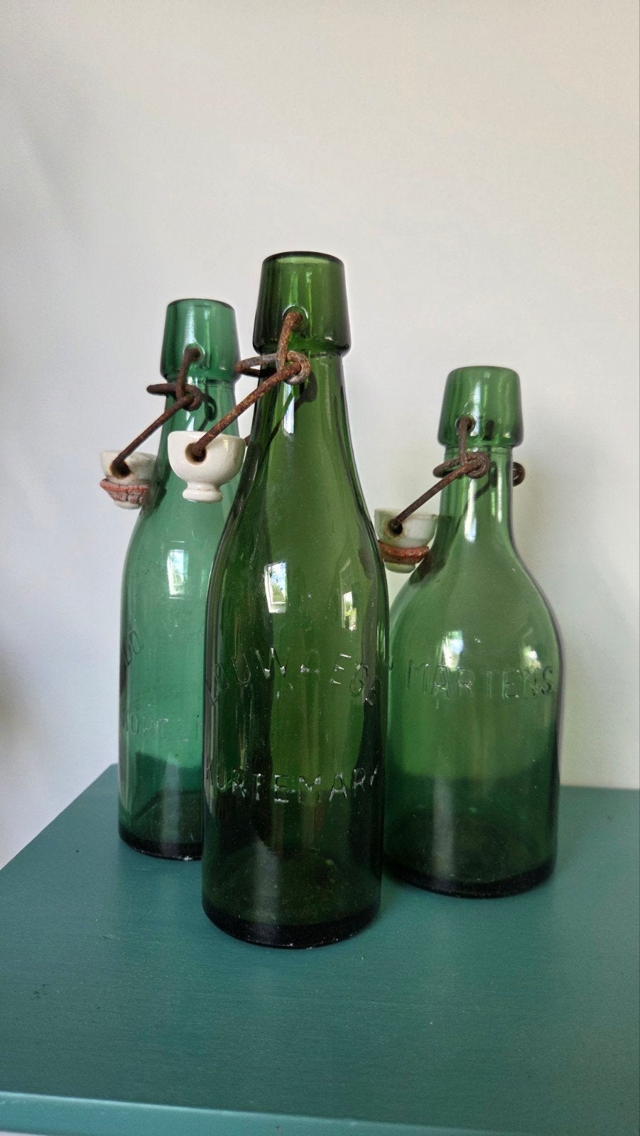 Set van 3 antieke groene vintage beugelflessen, Antiek en Kunst, Ophalen of Verzenden