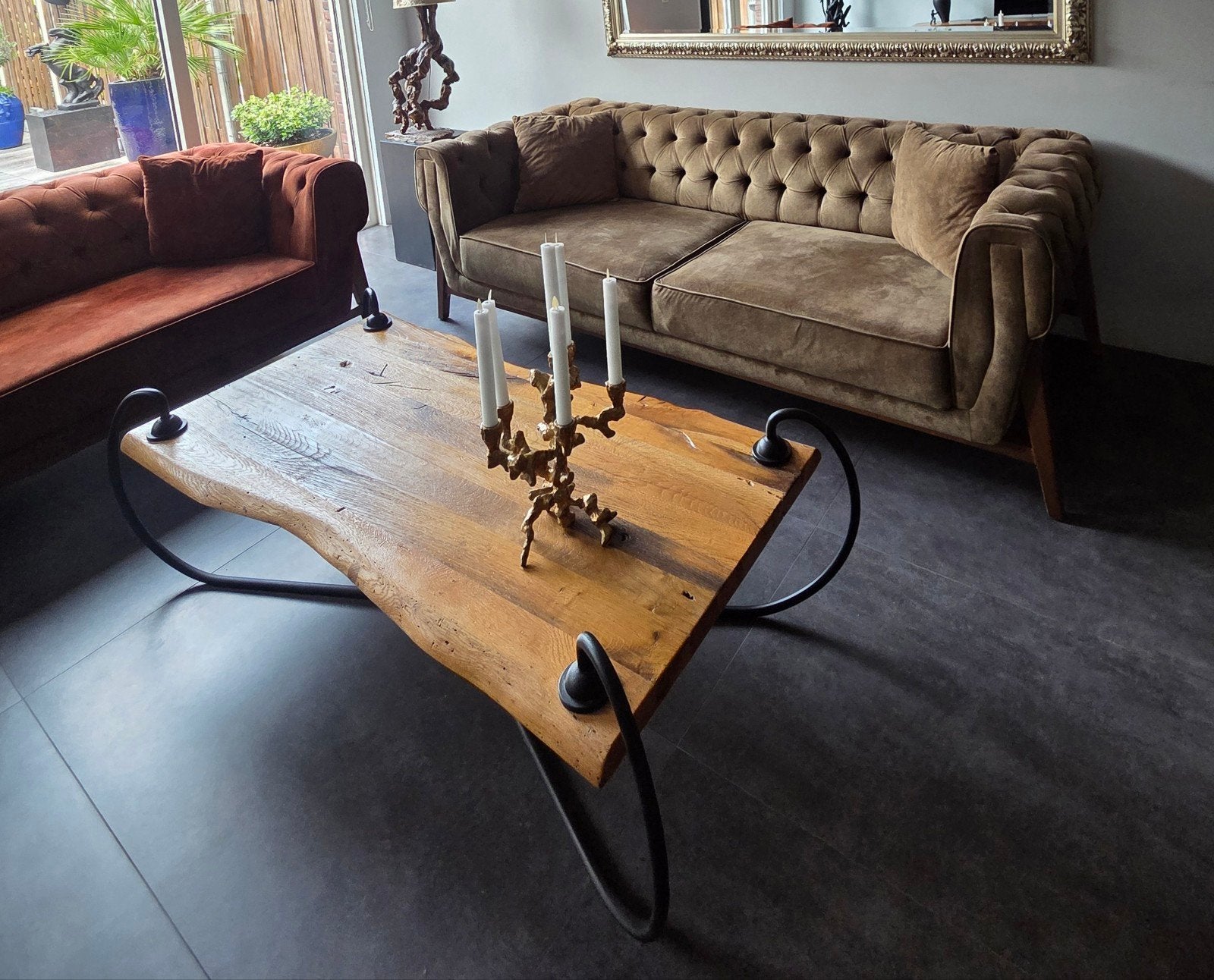 Uitschuifbare Chesterfield Zithoek (2x 3-Zits + Fauteuil, Ophalen, Overige materialen, Gebruikt, 75 tot 100 cm