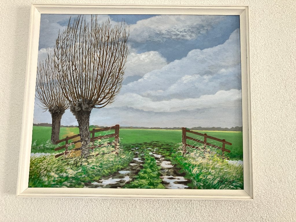 Schilderij Landschap met knotwilgen, Origineel werk, Overige ondergronden, Ophalen of Verzenden, Landschap
