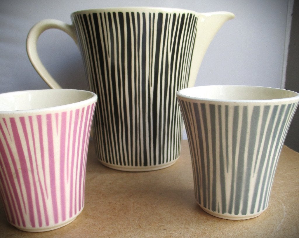 Karaf set jaren 50~Duitsland~Vintage Keramische Bekerset, Ophalen of Verzenden