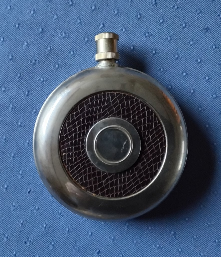 Vintage mooi drank flesje zilverkleurige met rondje leer, Antiek en Kunst, Curiosa en Brocante, Ophalen
