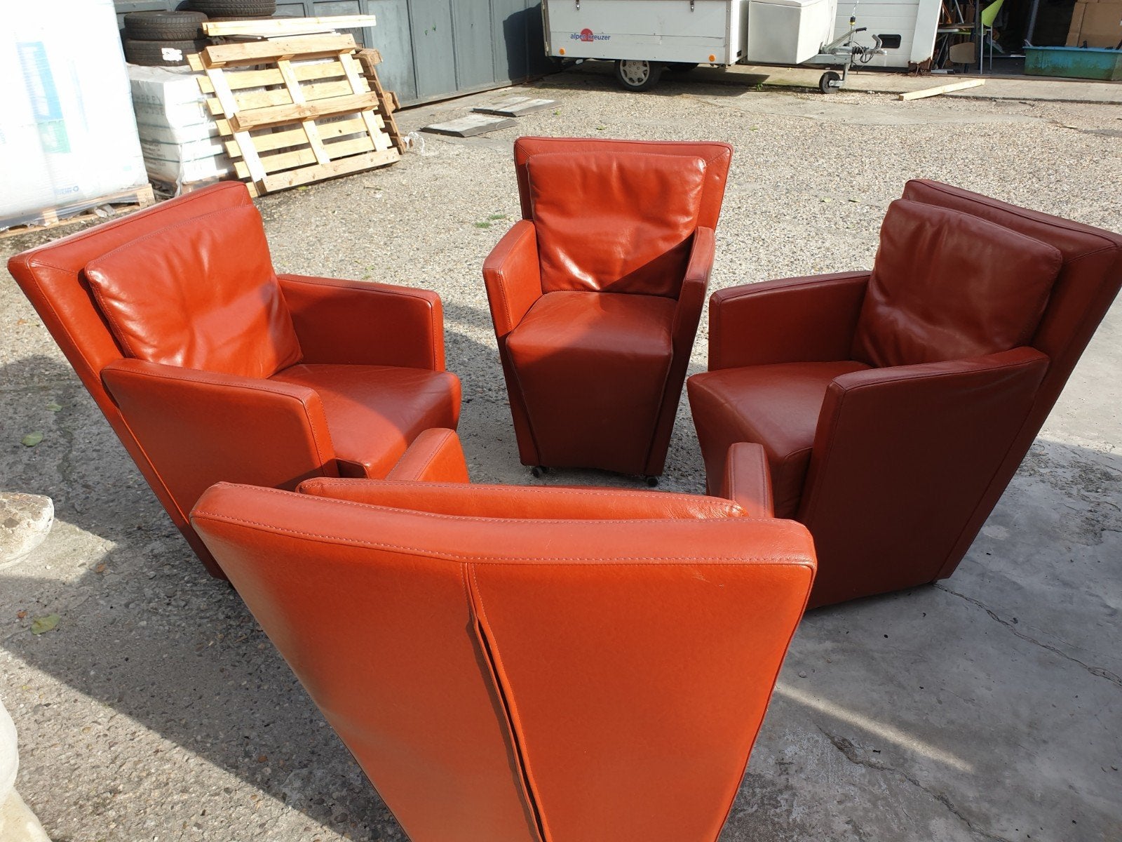 Set van 4 cognac leren fauteuils, Ophalen, Gebruikt, 75 tot 100 cm, Modern, Comfortabel, Tijdloos