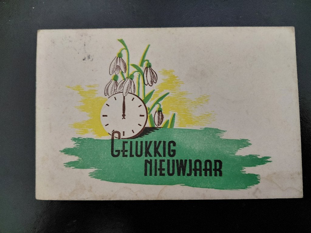Gelukkig Nieuwjaar, sneeuwklokjes en klok, gelopen, 1945., Verzamelen, Verzenden, 1940 tot 1960, Gelopen