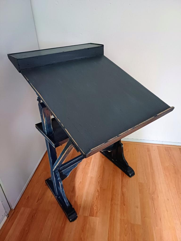 Authentieke blauwe houten tekentafel, Ophalen, Minder dan 130 cm