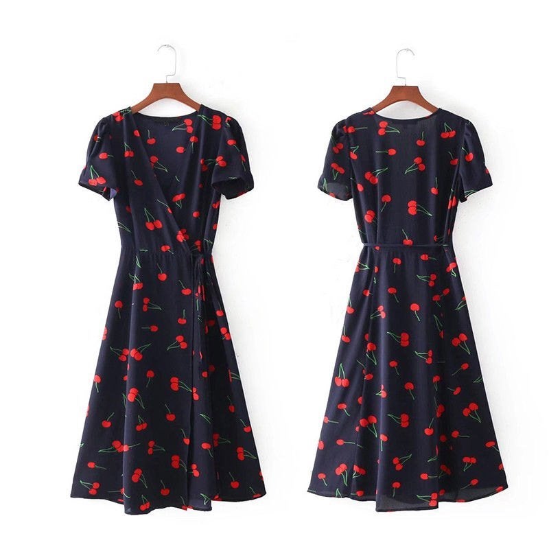 Kersen jurkje vintage blauw zomer retro dames vrouwen, Kleding | Dames, Maat 38/40 (M), Zo goed als nieuw, Onder de knie, Verzenden