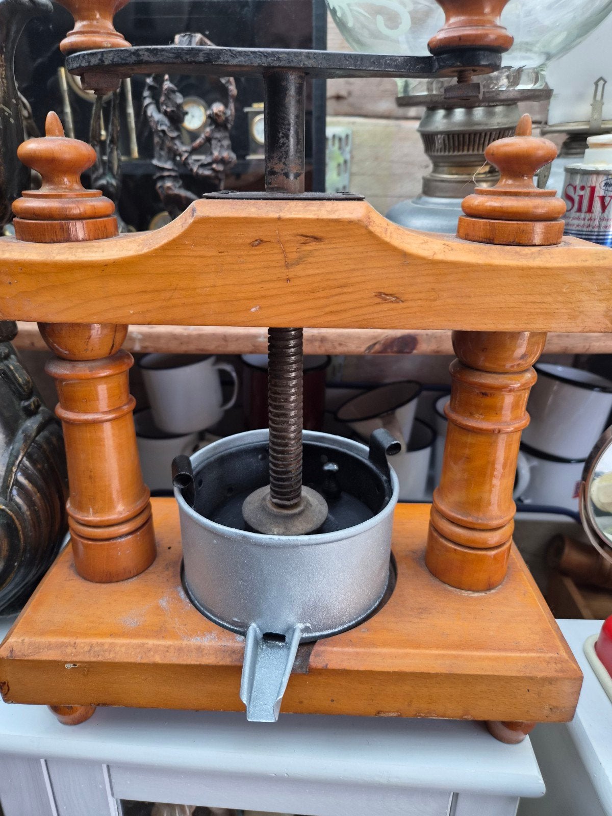 Vintage Fruitpers - Houten Basis met Metalen Pers, Antiek en Kunst, Ophalen of Verzenden
