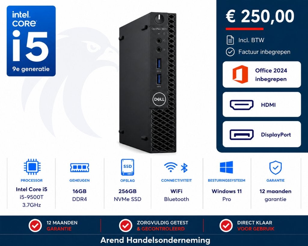 Dell Optiplex 3070 i5-9500T 3.7GHz 16GB 256GB NVMe Office 24, 256 GB, Dell, ., Refurbished