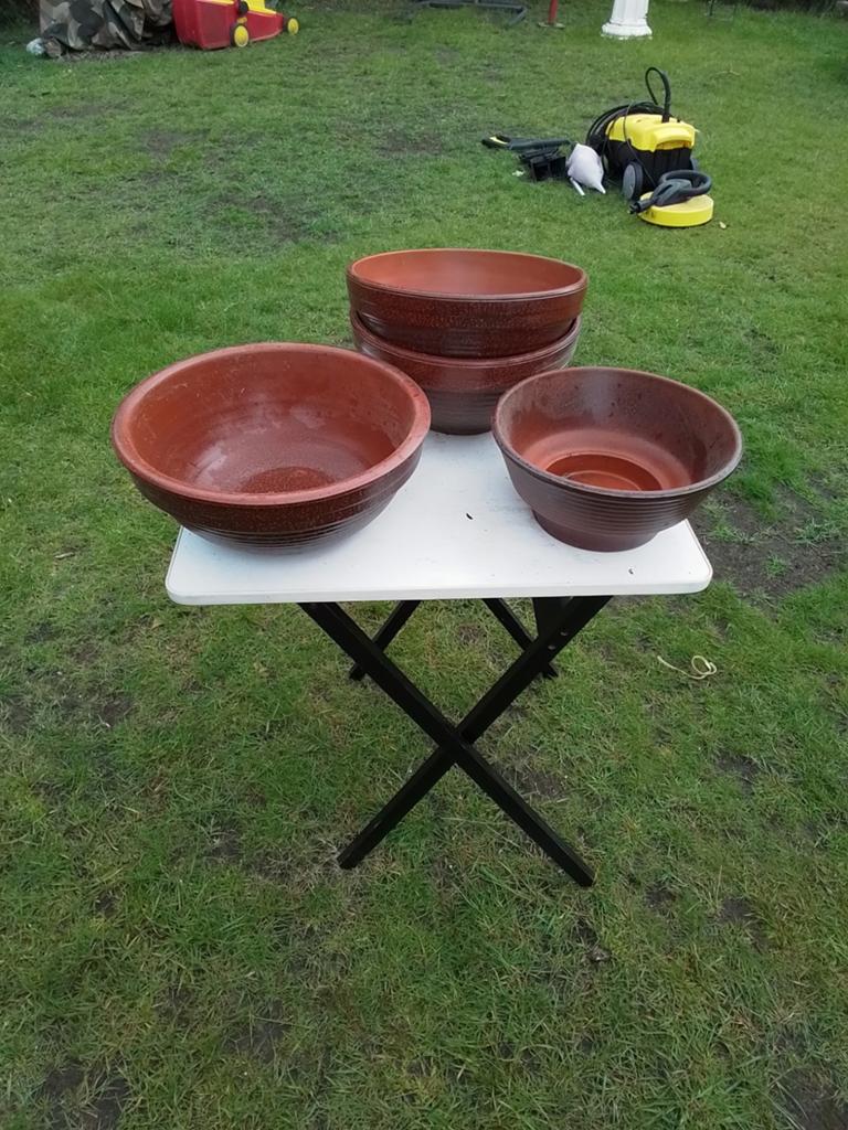 15189) 4 mooie terra cotta spikkelglazuren bloembakken, Tuin en Terras, Bloembakken en Plantenbakken, Ophalen of Verzenden, Rond