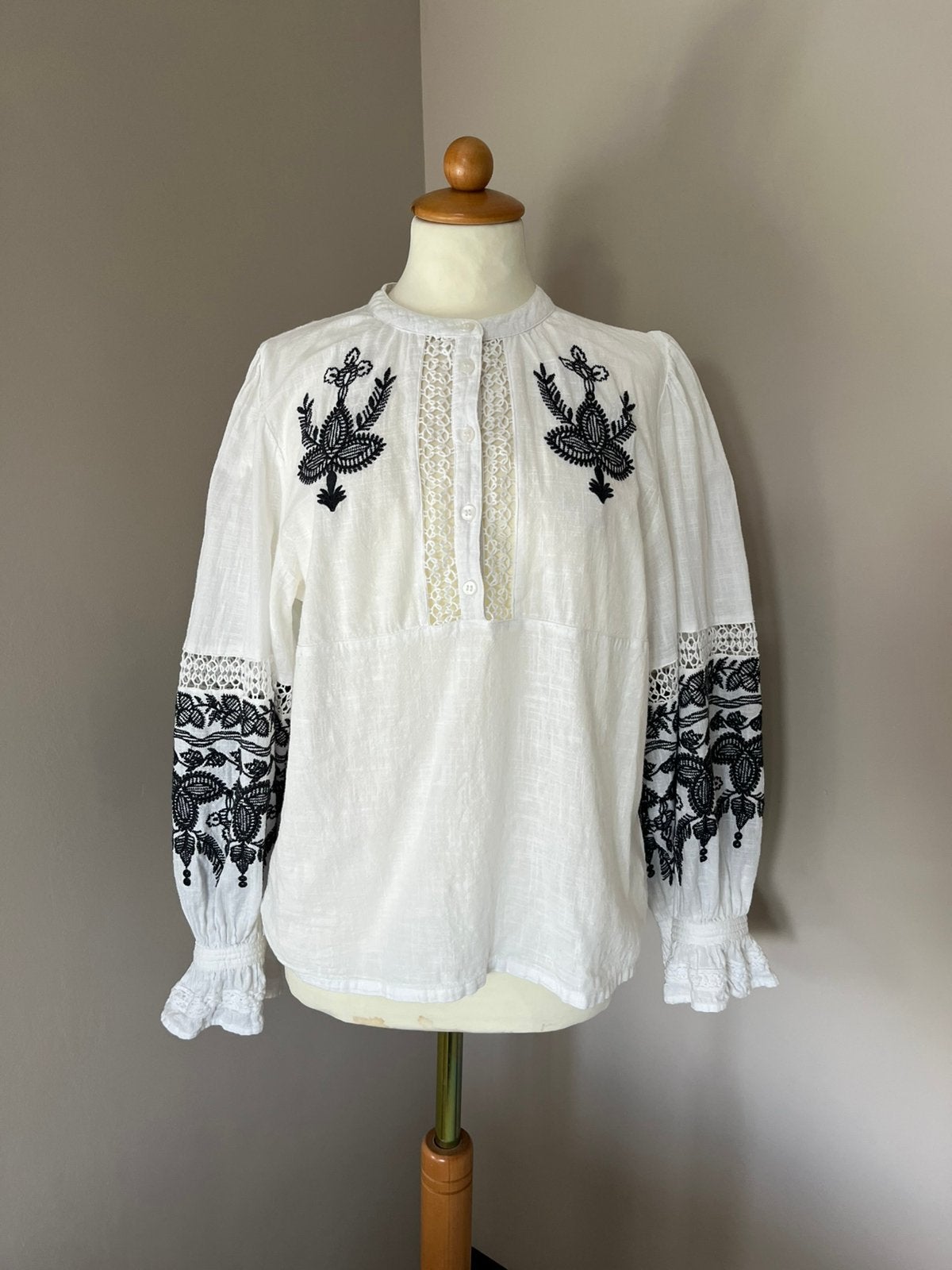 shoeby by ‘Lonneke Nooteboom’ linnen blouse wit zwart L, Ophalen of Verzenden, Zo goed als nieuw, Maat 38/40 (M), Wit