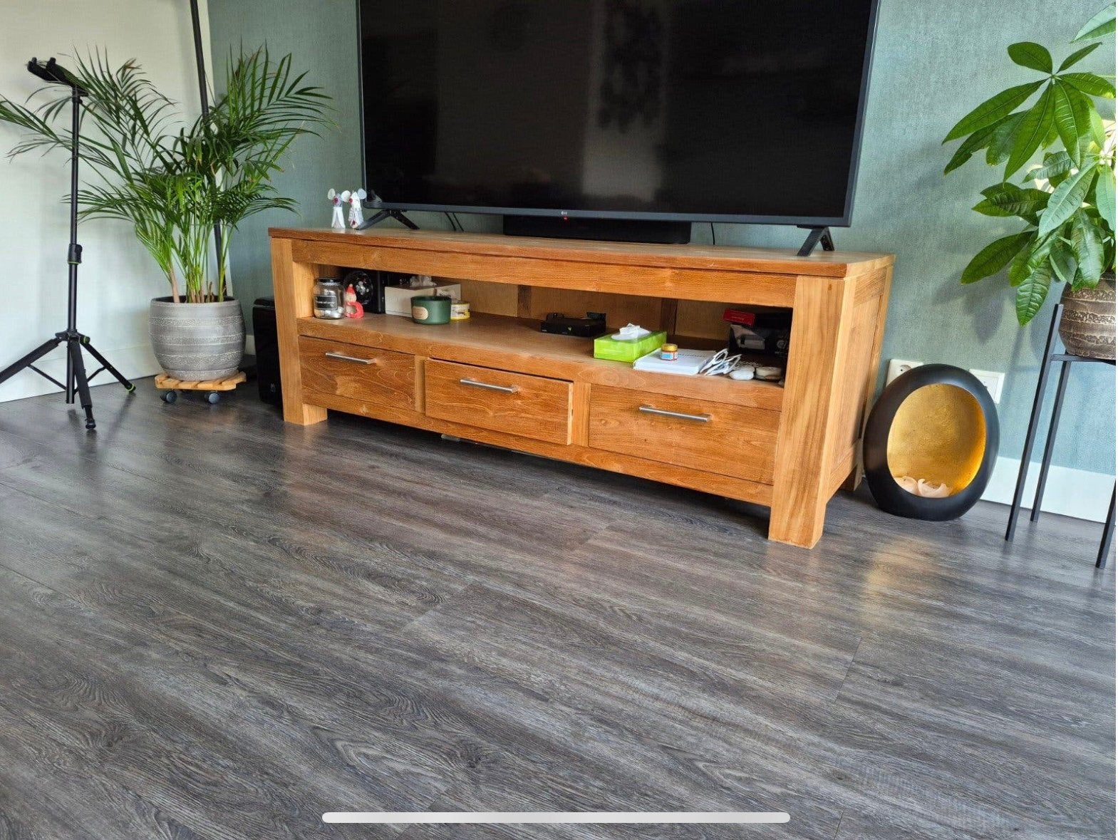 Teak houten tv meubel en opbergkast., Ophalen, Gebruikt, 150 tot 200 cm, Teakhout