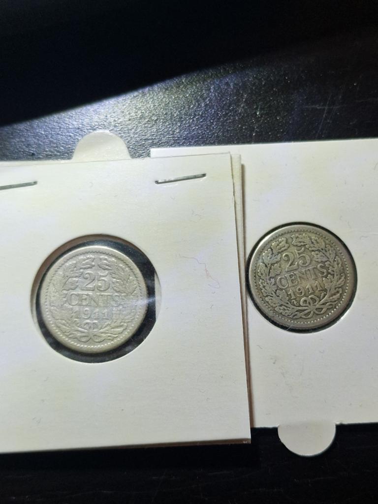 Zilveren 25 cent 2 keer 1911, Postzegels en Munten, Munten | Nederland, Ophalen of Verzenden, Koningin Wilhelmina, 25 cent, Zilver