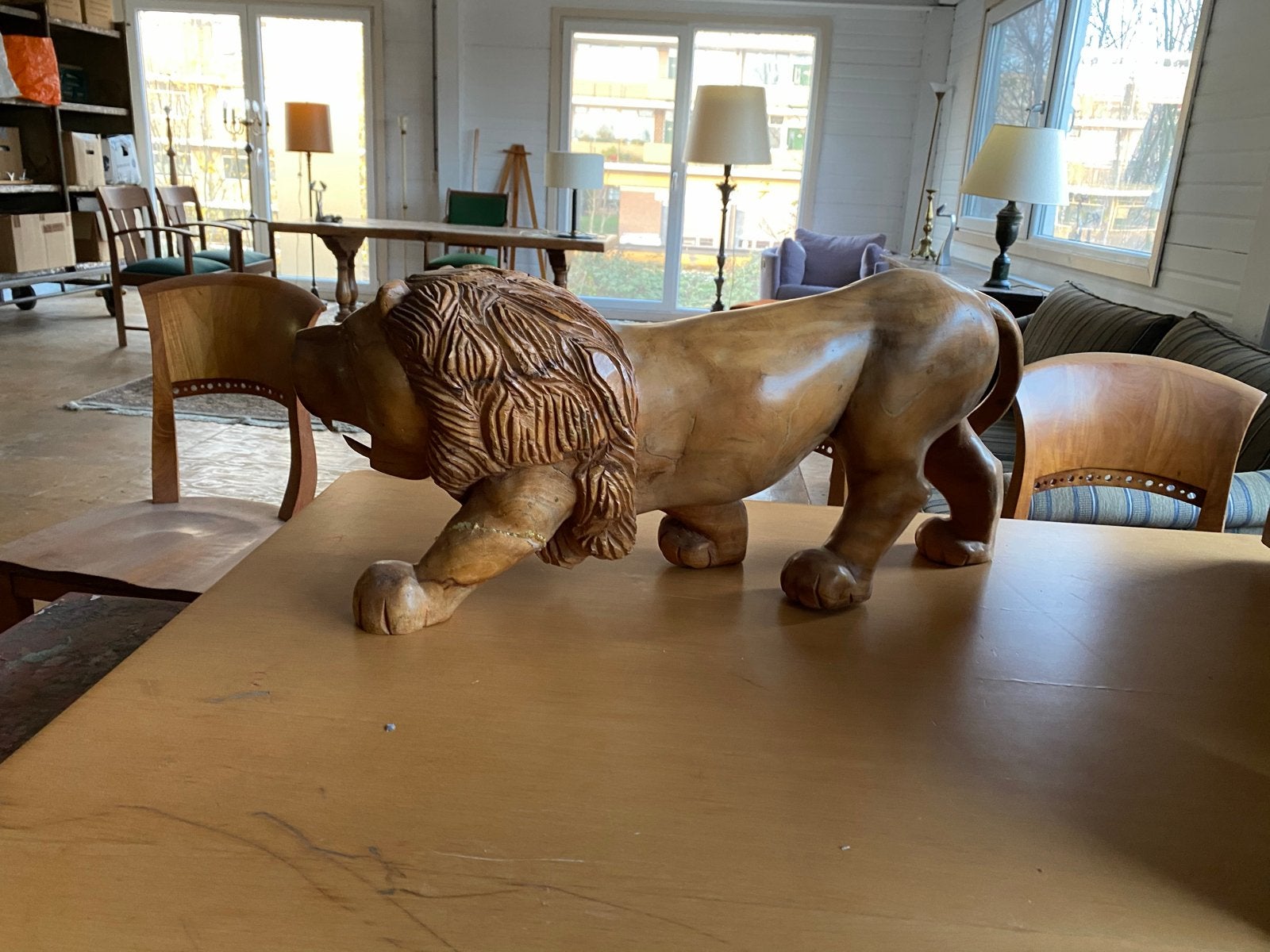 Massief houten leeuw beeld - Handgesneden, Ophalen, 50 - 100 cm, Beeld, Hout