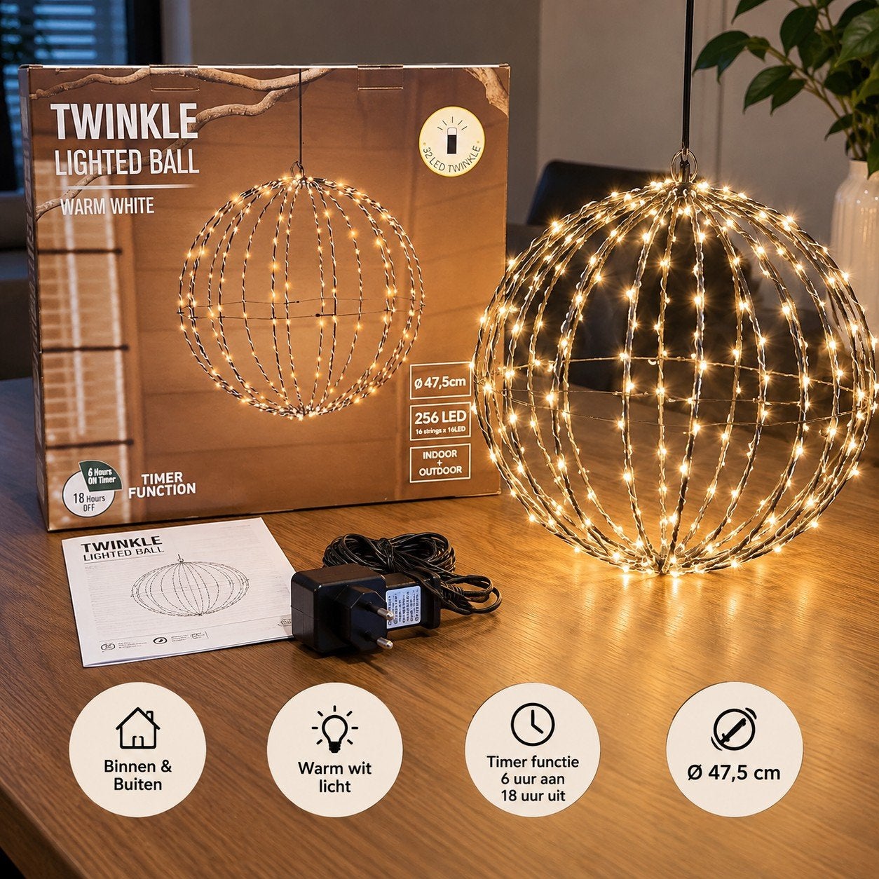 Twinkle Lighted Ball - Warm Wit LED Verlichting (Ø 47,5 cm), Huis en Inrichting, Meerkleurig, Nieuw, Ophalen of Verzenden, Metaal