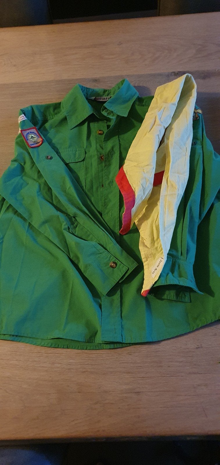 Groen Scouting Overhemd Maat 140 met Sjaal, Verzamelen, Scouting, Ophalen of Verzenden