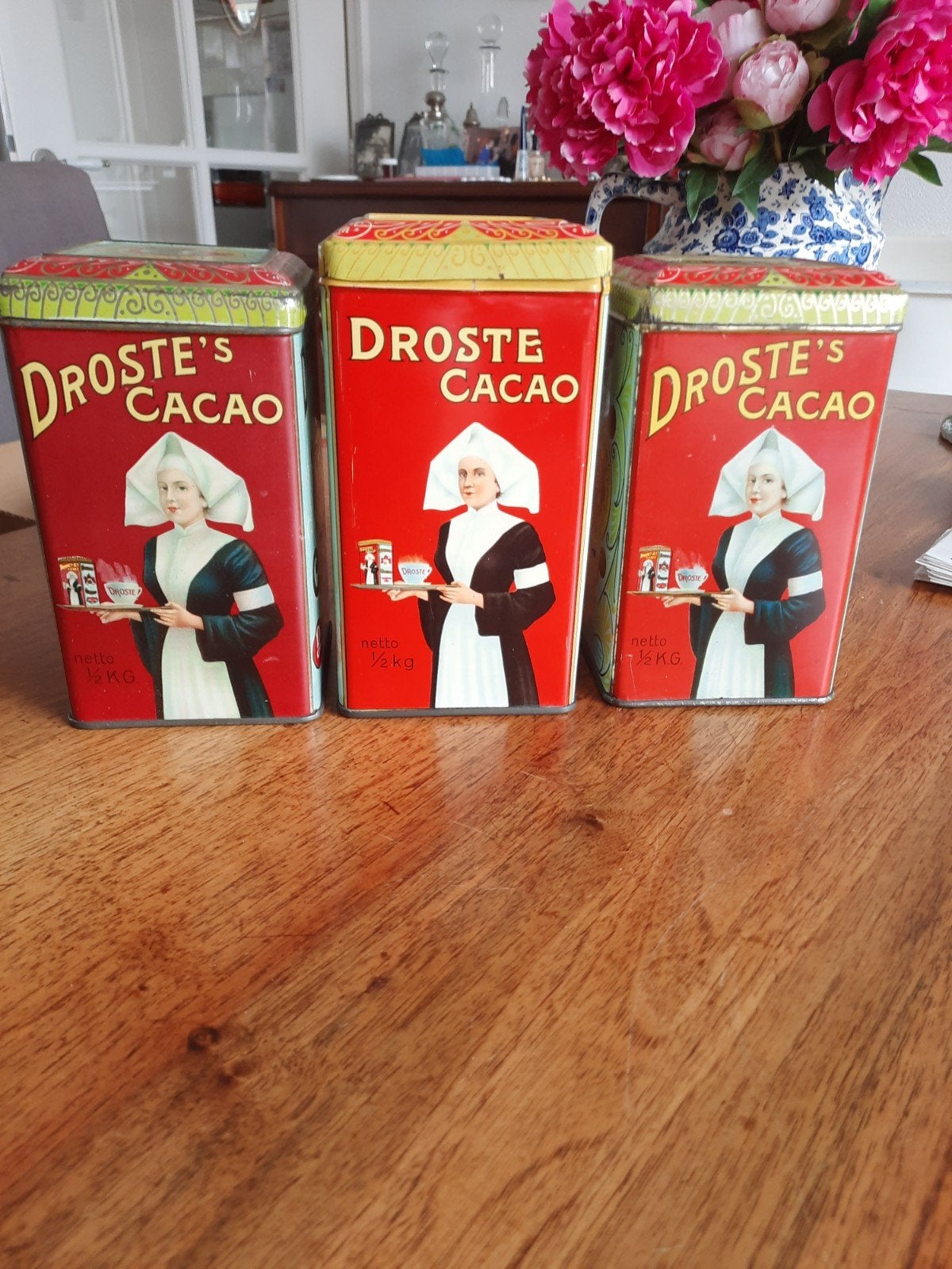 Drie Droste blikken met tekstverschillen 1.2 kg., Verzamelen, Blikken, Ophalen of Verzenden, Gebruikt, Overige, Droste