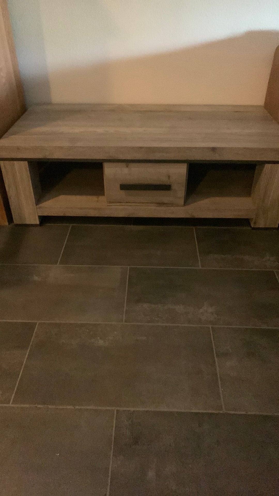 Grijs eiken salontafel met lade, Huis en Inrichting, Ophalen, Overige materialen, Gebruikt, 100 tot 150 cm