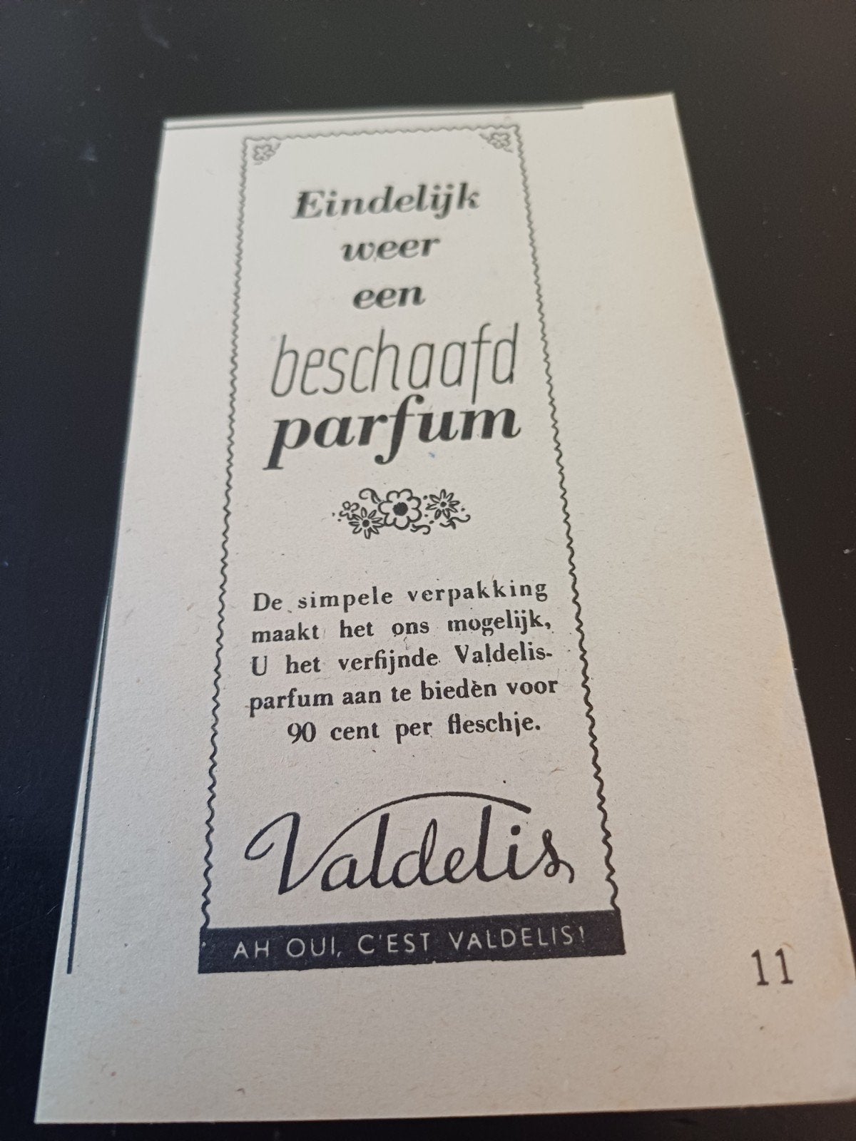 advertentie Valdelis parfum eindelijk weer 1946, Ophalen of Verzenden, Zo goed als nieuw, Miniatuur