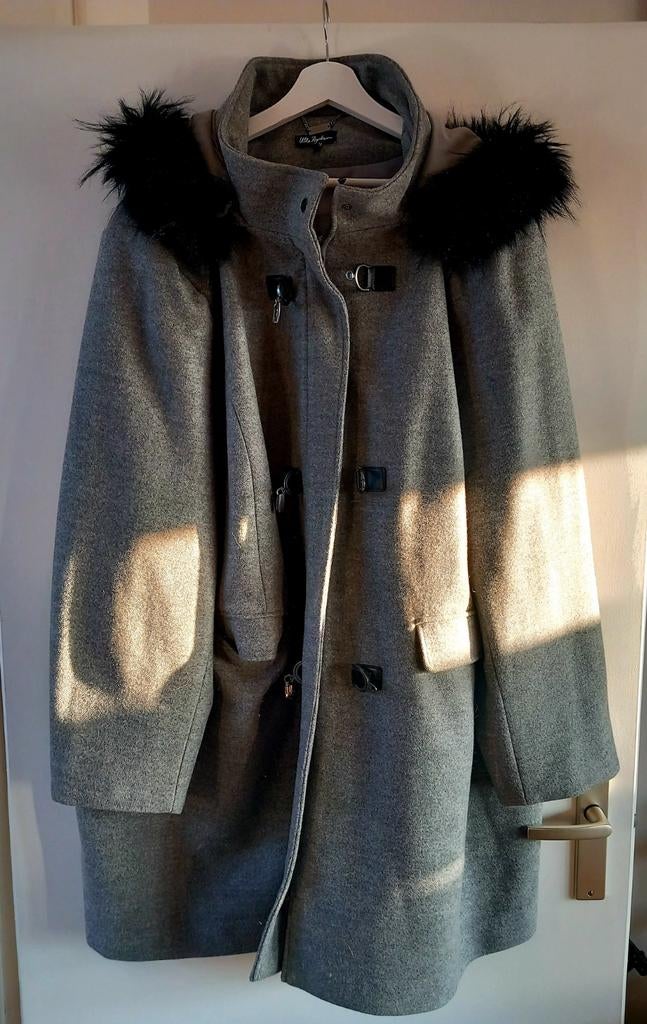 Grijze wollen jas met capuchon en imitatiebont, Kleding | Dames, Jassen | Winter, Maat 46/48 (XL) of groter, Ulla Popken, Ophalen of Verzenden