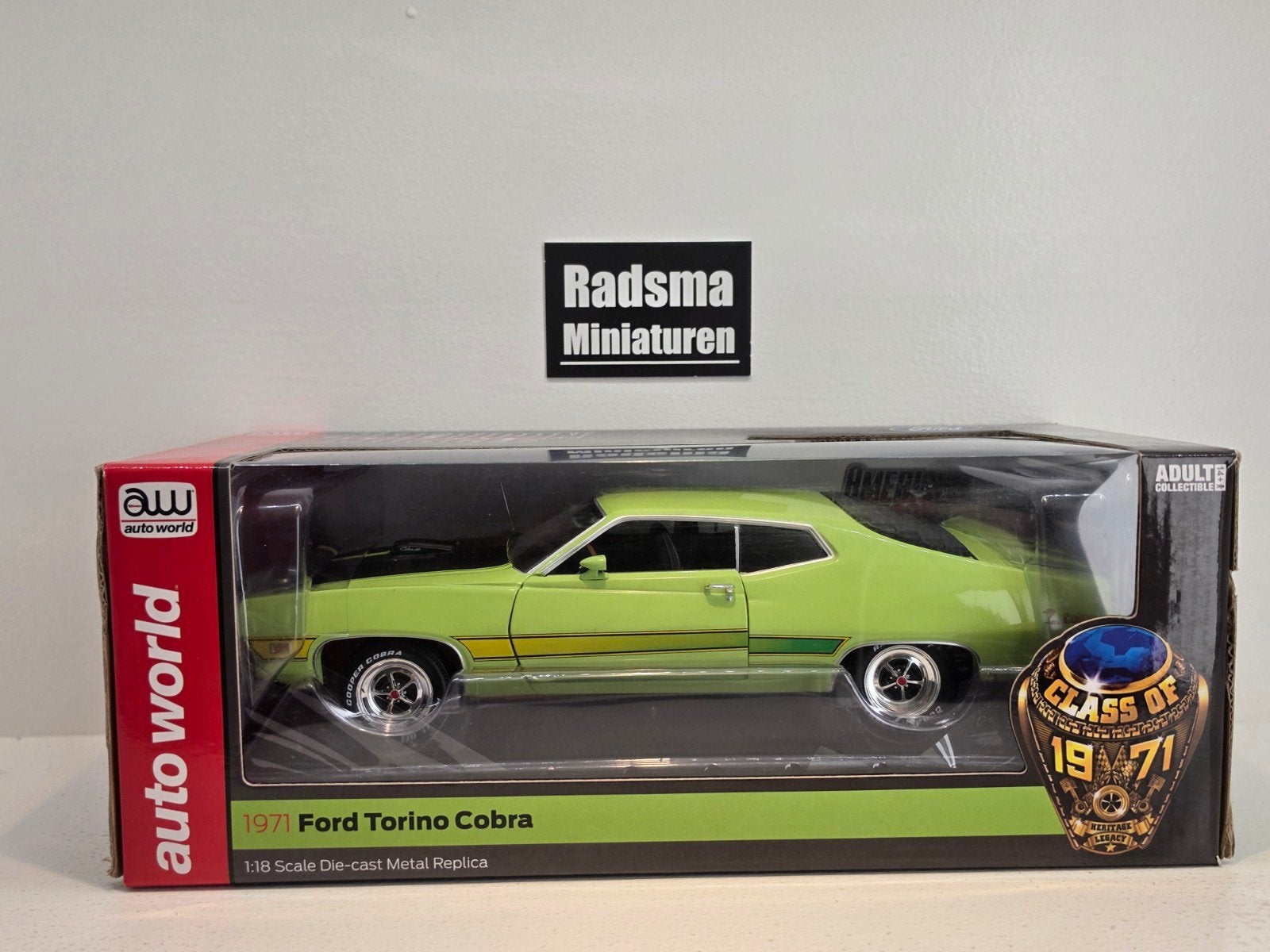 1971 Ford Torino Cobra - Grabber Lime - 1:18 Auto World, Hobby en Vrije tijd, Modelauto's | 1:18, Auto, Nieuw, Ophalen of Verzenden