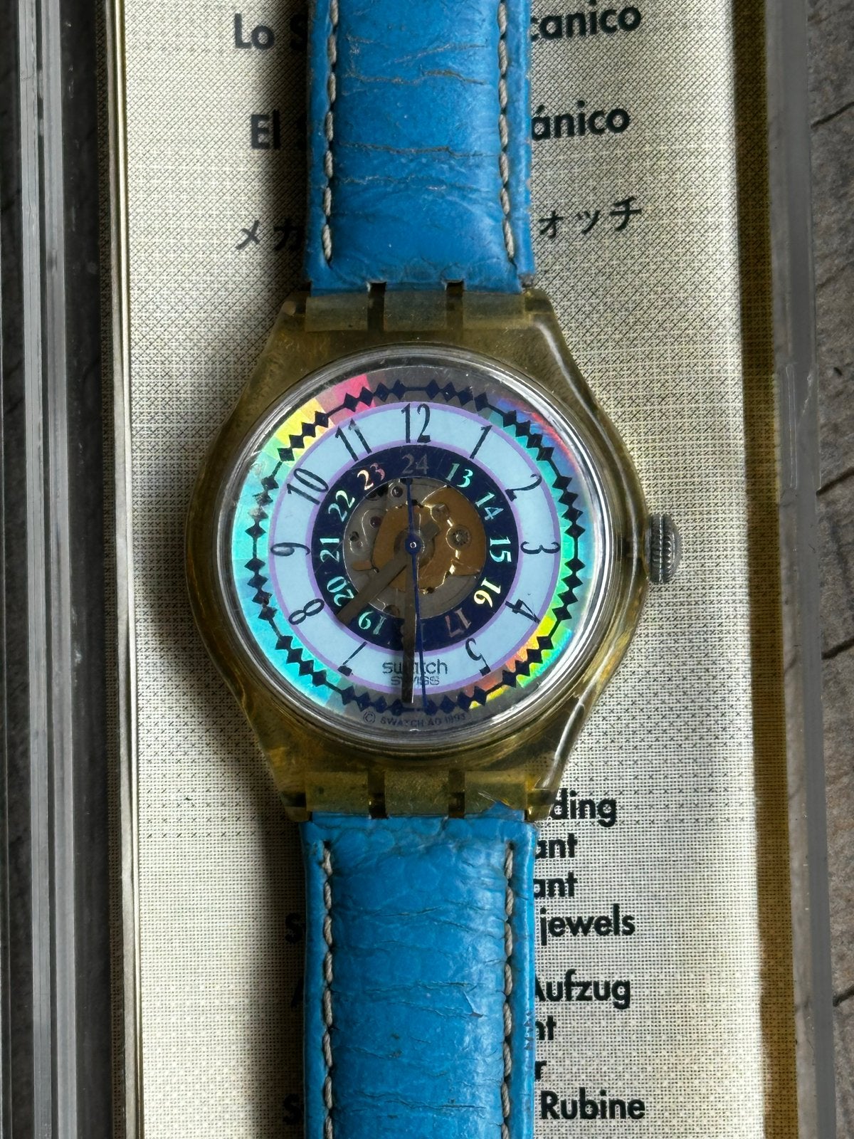 Swatch Automatic horloge met blauw leren bandje, Kunststof, Polshorloge, Swatch, Ophalen of Verzenden