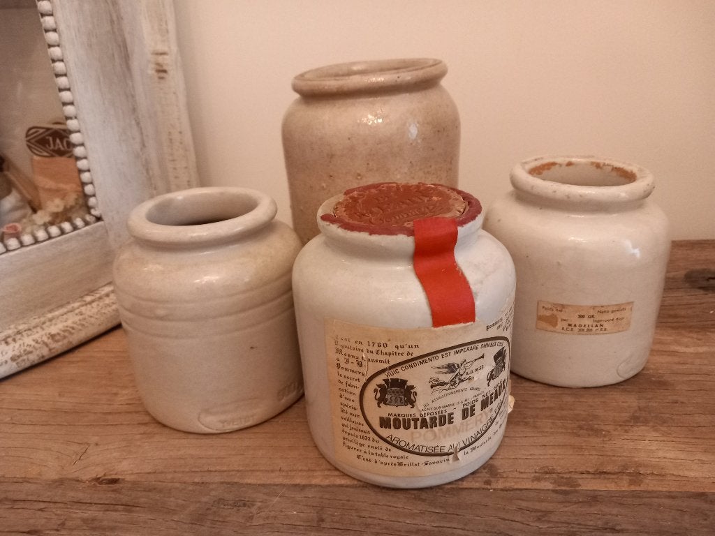 4 brocante oude mosterd gres pot / gres potjes, Ophalen of Verzenden
