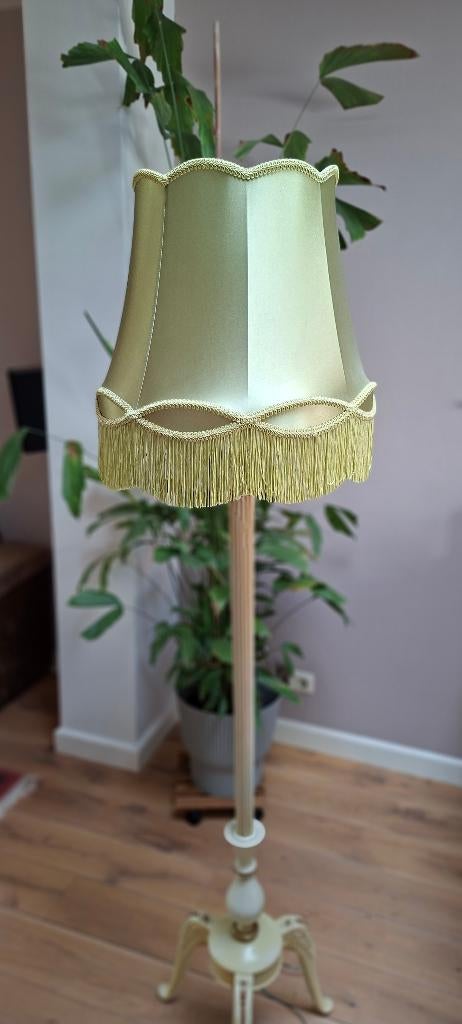 Vintage vloerlamp met groene zijde kap met franje, Ophalen, Bohemian, Zo goed als nieuw, Stof
