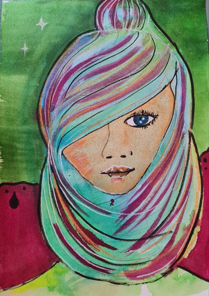 Aquarel portret van een vrouw met kleurrijke hoofddoek, Ophalen of Verzenden