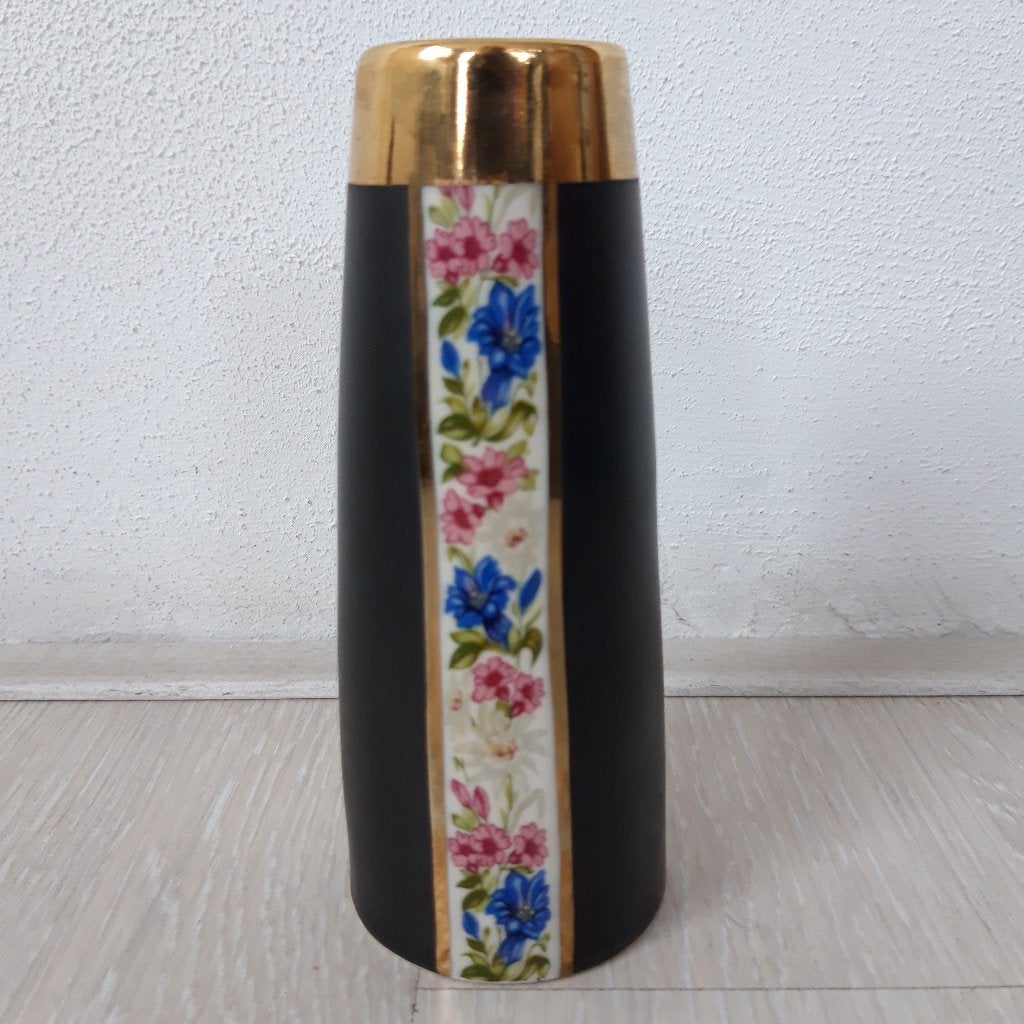 Vintage Zwarte Vaas met Gouden Rand en Bloemenpatroon, 24 K, Ophalen of Verzenden
