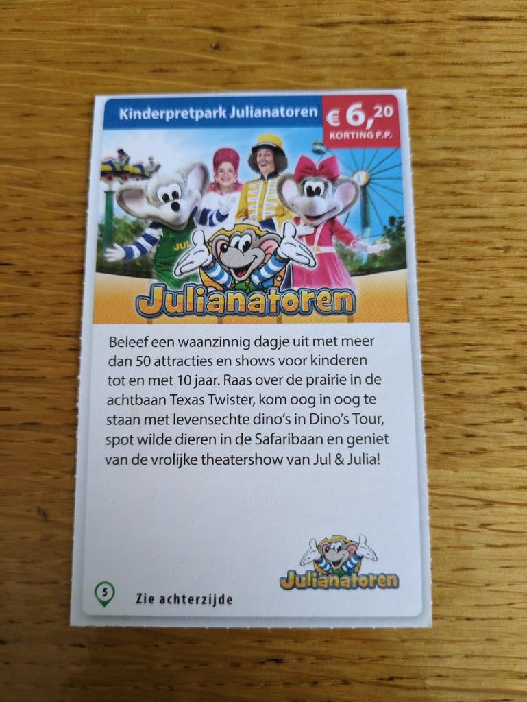 Kortingsbon voor Pretpark Julianatoren, Tickets en Kaartjes, Drie personen of meer, Kortingskaart