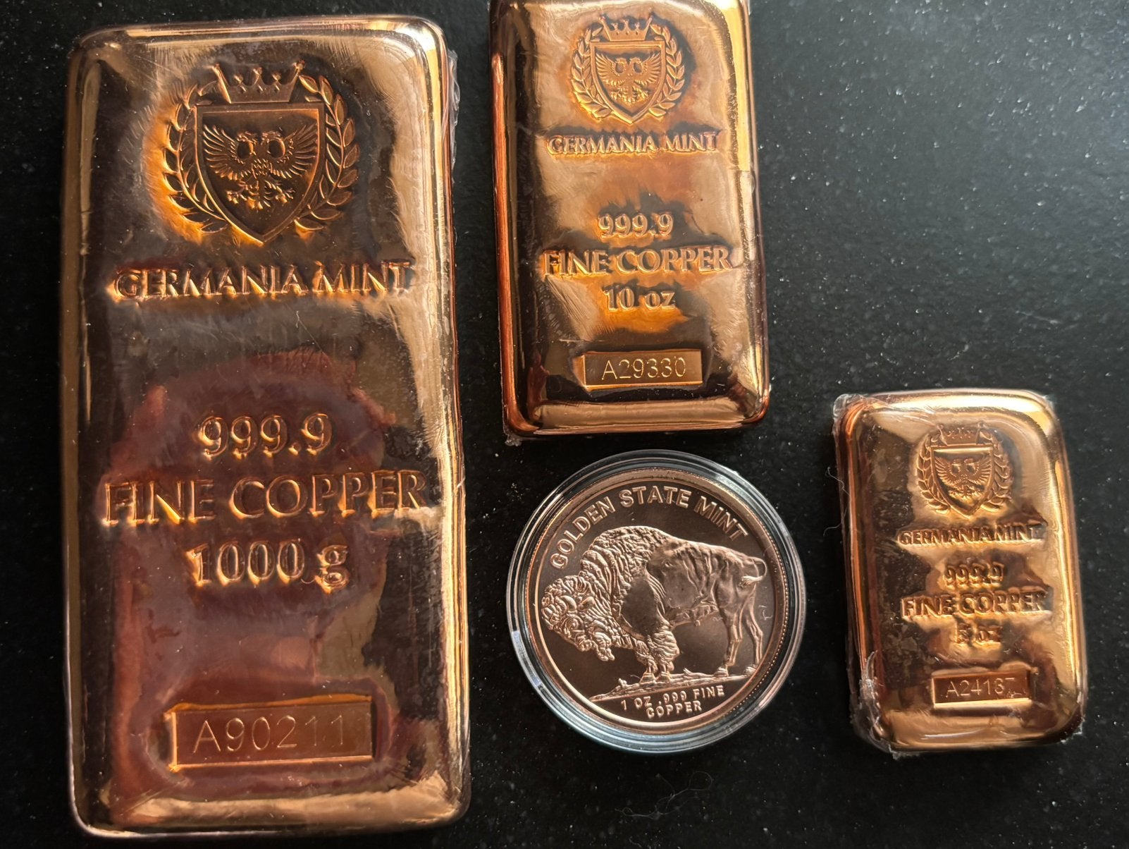 Set 1 kilo - 10oz - 5oz - 1oz koper baren + munt germania, Ophalen of Verzenden, Koper
