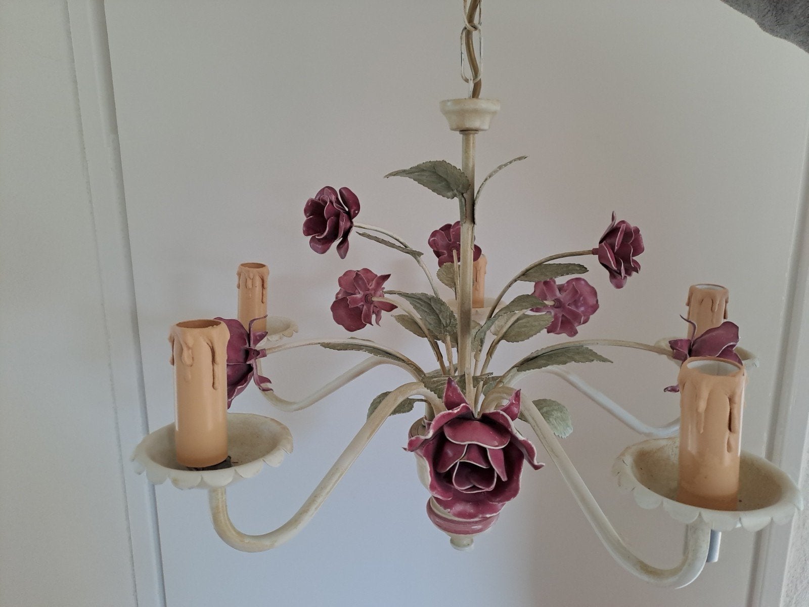 Brocante kroonluchter met rozen en bladeren, Ophalen of Verzenden