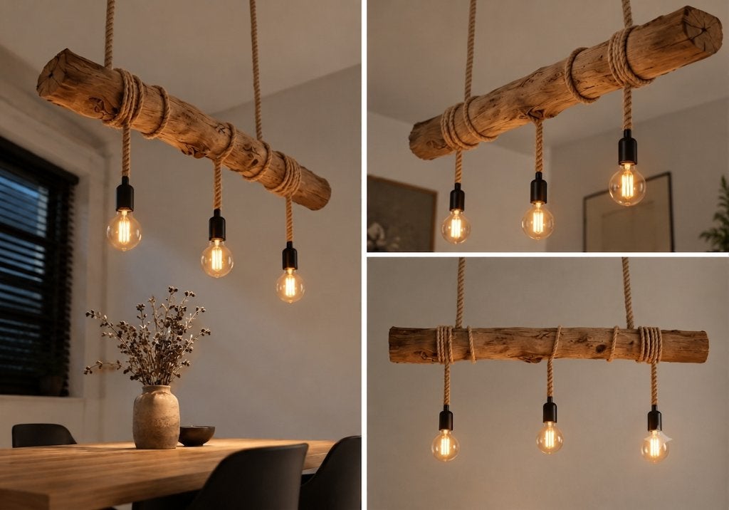 Eiken houten Hanglamp Stam / Balk handgemaakt touw E27, Huis en Inrichting, Modern, rustiek, hout, landelijk, Nieuw, Hout, E27 (groot)