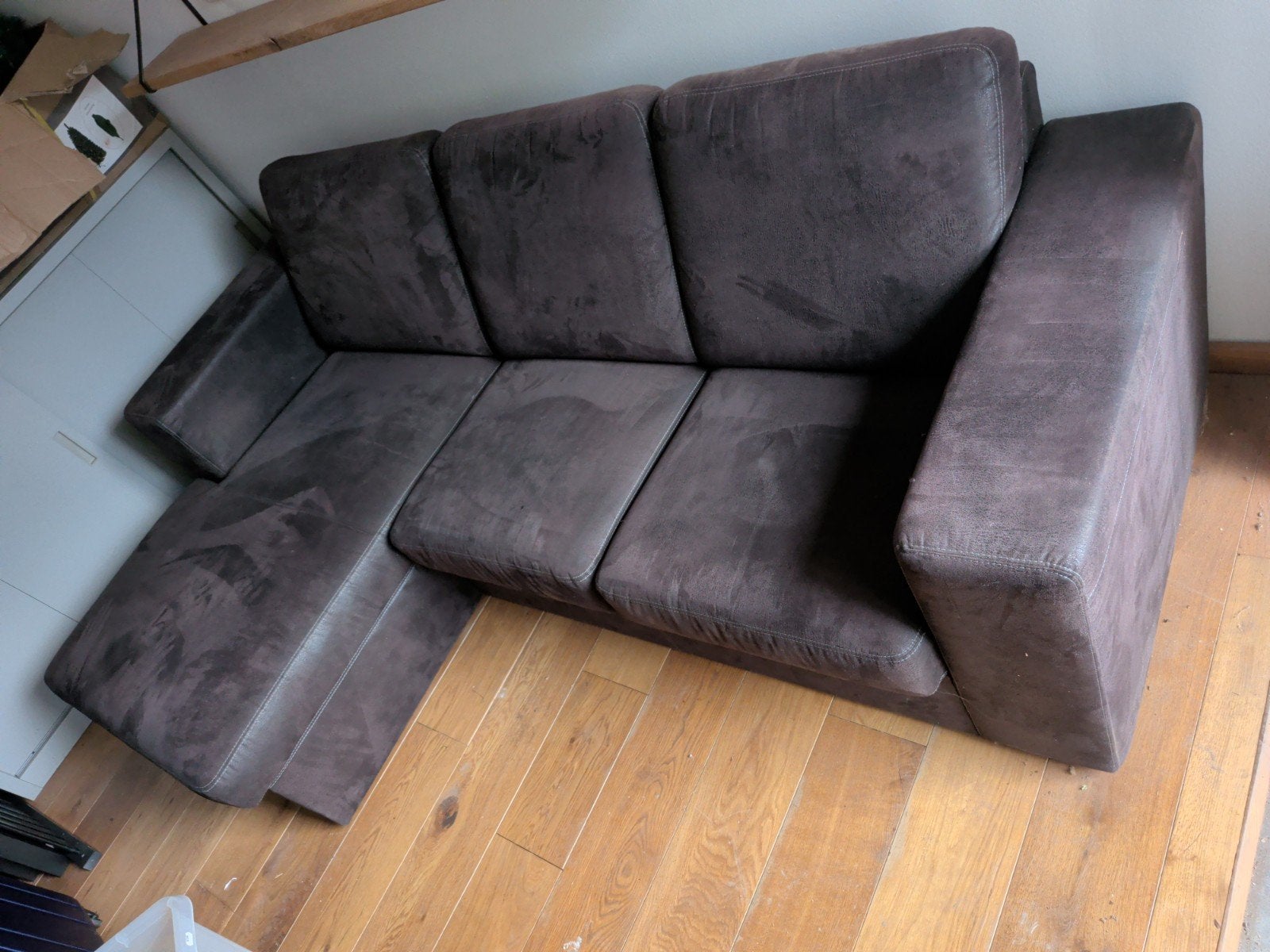Comfortabele blauwe  hoekbank, Ophalen, 250 tot 300 cm, Gebruikt, 100 tot 125 cm