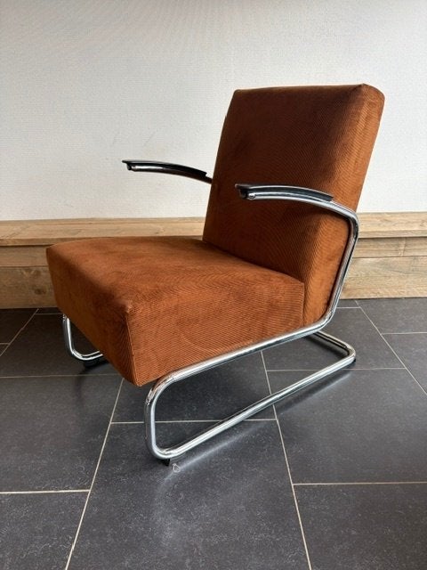 Gispen 405 fauteuil, chroom, nieuwe goudbruine ribstof, Design, 75 tot 100 cm, Zo goed als nieuw, Metaal