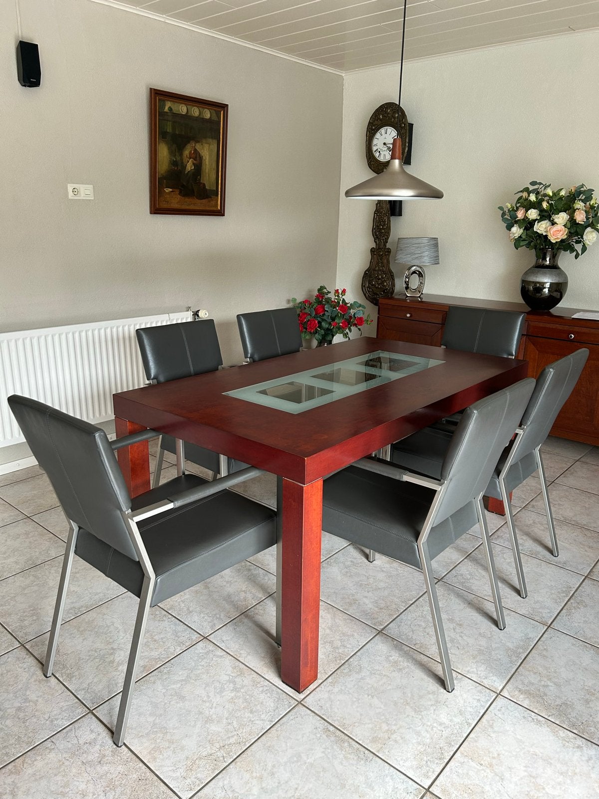 Kersenhouten eettafel met 6 leren stoelen, Ophalen, Gebruikt, 200 cm of meer, 50 tot 100 cm