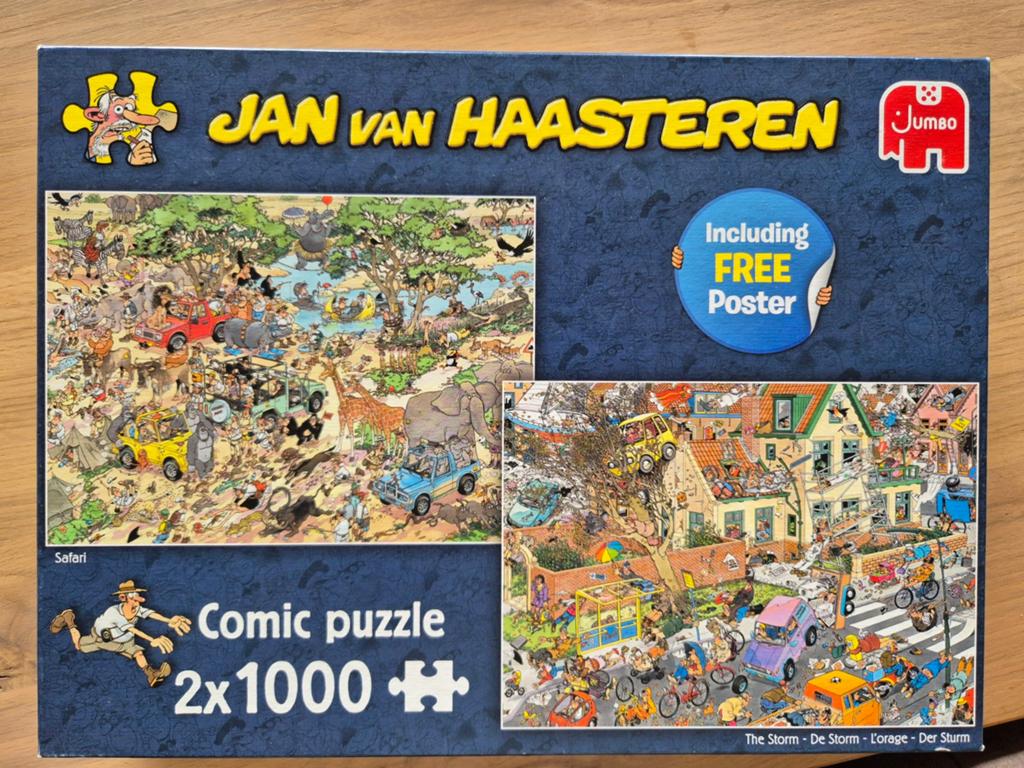 Jan van Haasteren puzzel 2 in doos Safari en De storm, Ophalen of Verzenden, 500 t/m 1500 stukjes, Zo goed als nieuw, Legpuzzel