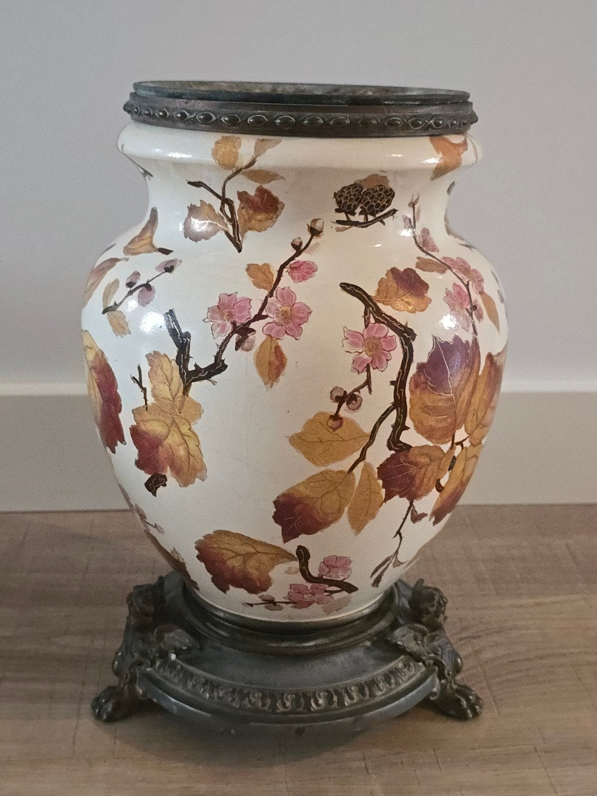 Antieke cachepot/vaas Aziatische Satsuma stijl bronzen voet!, Antiek en Kunst, Antiek | Vazen, Ophalen of Verzenden