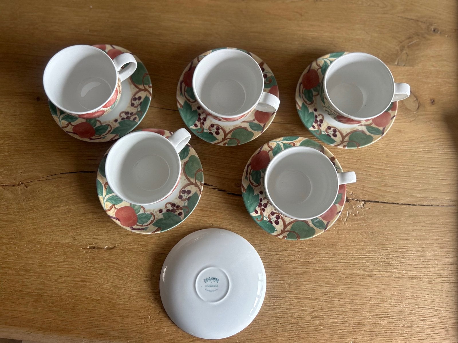 5x Johnson Bros Kop en Schotel - Fruitmotief, Overige merken, Vintage, Ophalen of Verzenden, Zo goed als nieuw