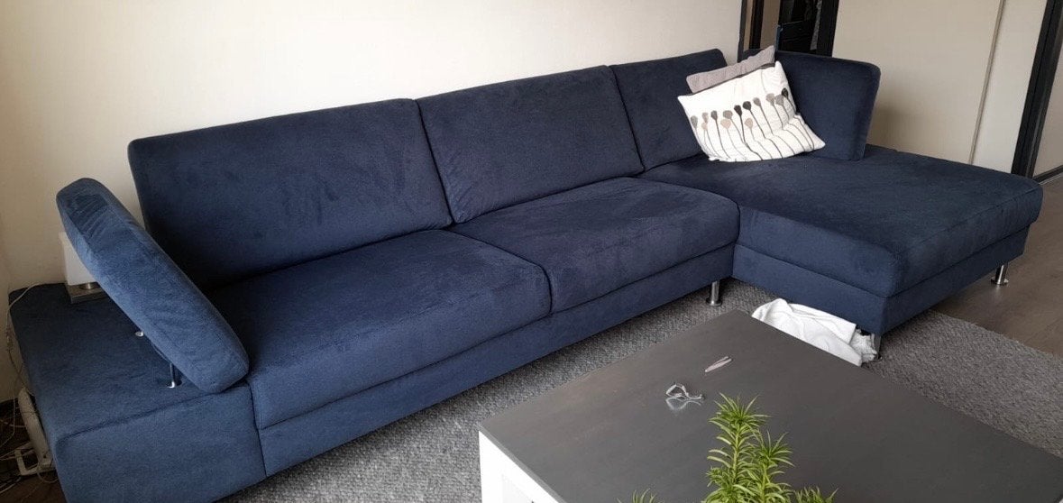 Blauwe Trendhopper hoekbank met verstelbare armleuningen, Ophalen, Gebruikt, Hoekbank, 300 cm of meer