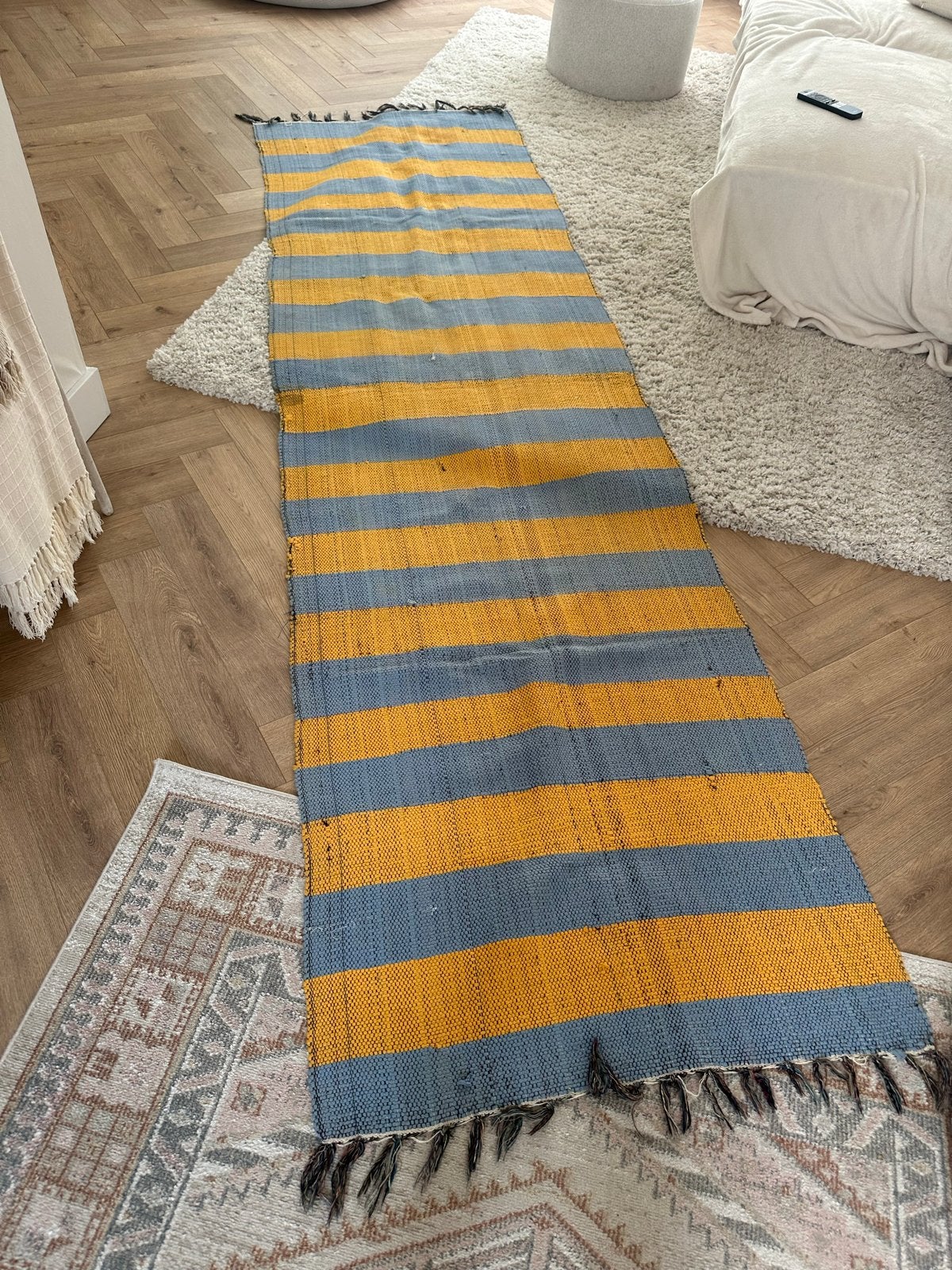 Handgemaakt Retro Kleed Loper - Blauw Geel 325x90cm, Blauw, 200 cm of meer, Zo goed als nieuw, Rechthoekig