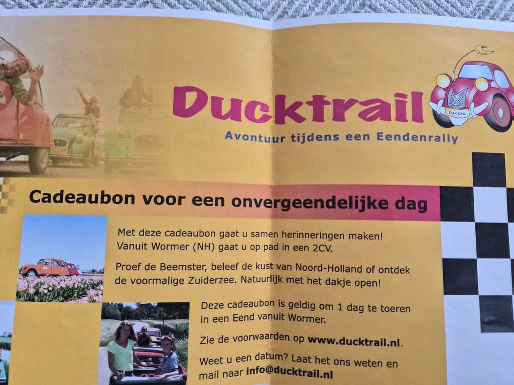 Ticket Dagje rijden met een lelijke eend 2CV Ducktrail., Tickets en Kaartjes, Kortingen en Cadeaubonnen, Drie personen of meer