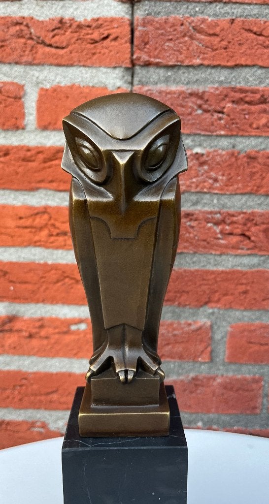Bronzen art deco stijl uil op een marmeren voet., Art deco, Ophalen of Verzenden, 20 - 50 cm, Beeld