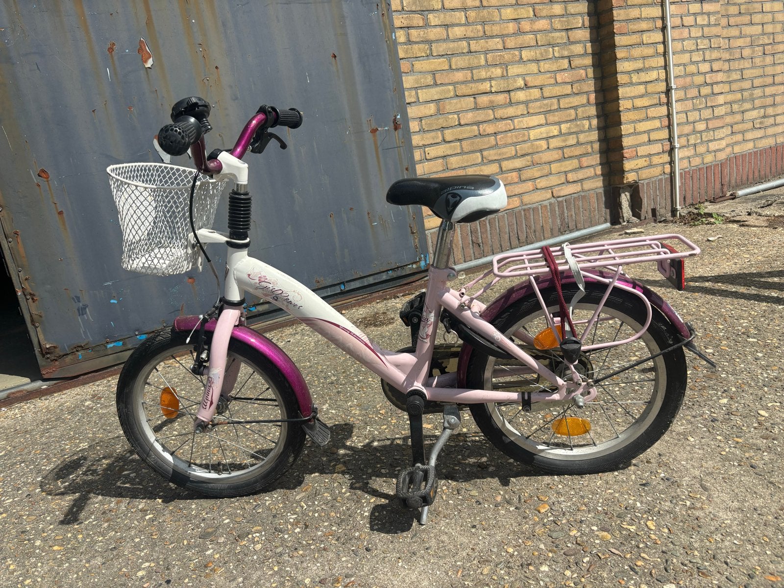 Alpina meisjesfiets 16 inch roze en wit, Ophalen, Gebruikt, Velgrem, Handrem